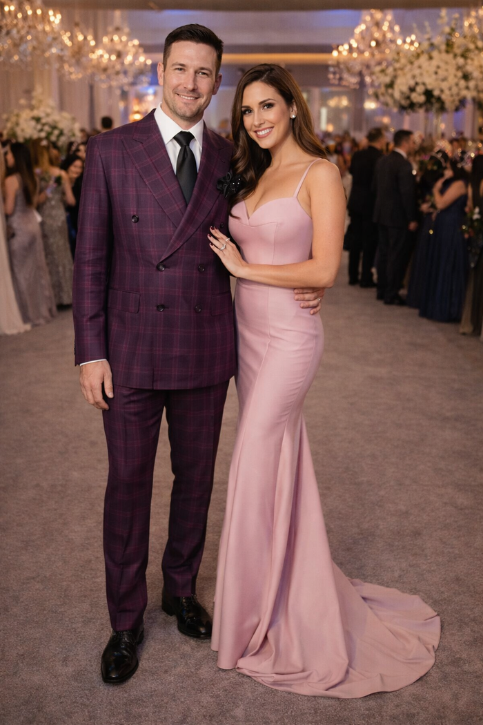Men's Burgundy Plaid Double-Breasted Suit – Classic Windowpane Formal Two-Piece Suit By Rossiman