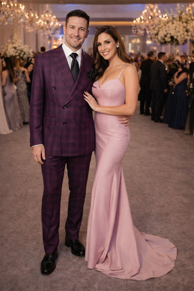 Men's Burgundy Plaid Double-Breasted Suit – Classic Windowpane Formal Two-Piece Suit By Rossiman