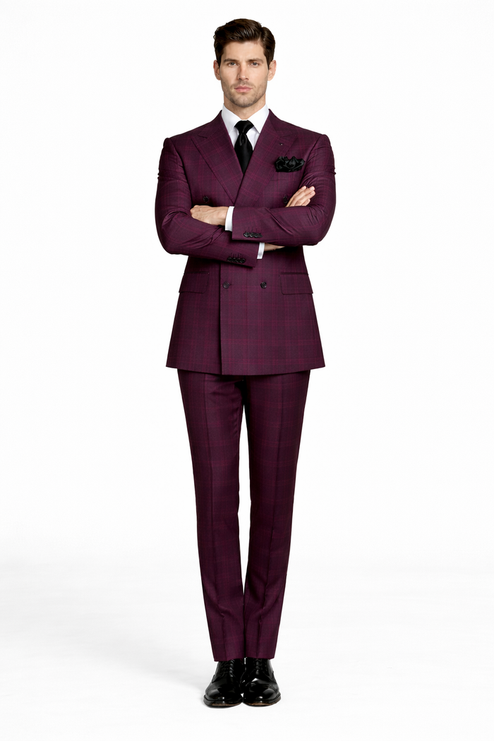 Men's Burgundy Plaid Double-Breasted Suit – Classic Windowpane Formal Two-Piece Suit By Rossiman