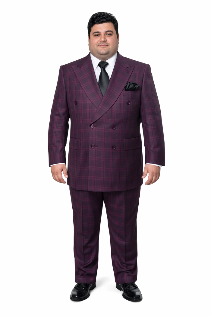 Men's Burgundy Plaid Double-Breasted Suit – Classic Windowpane Formal Two-Piece Suit By Rossiman