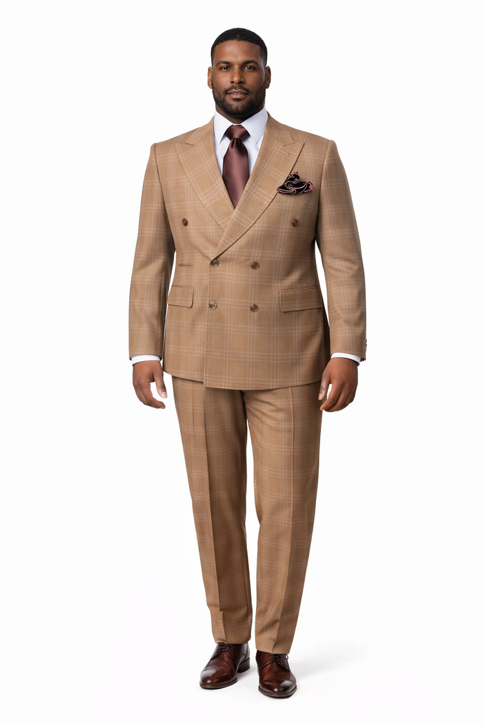 Camel Regent Windowpane Double-Breasted 3-Piece Luxury Suit by Rossiman