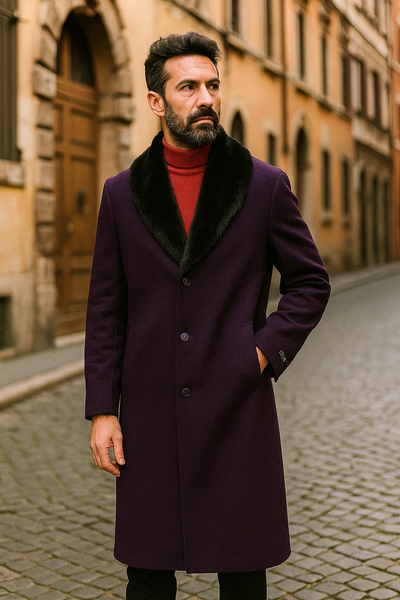 Men’s Dark Purple Full-Length Dress Coat with Removable Fur Collar