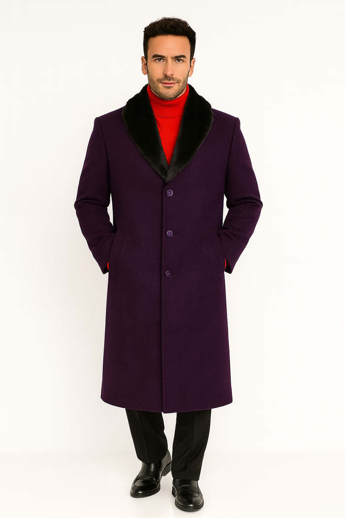 Men’s Dark Purple Full-Length Dress Coat with Removable Fur Collar