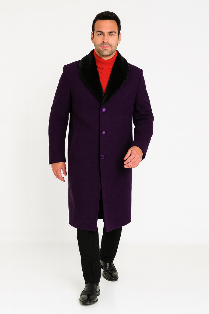 Men’s Dark Purple Full-Length Dress Coat with Removable Fur Collar