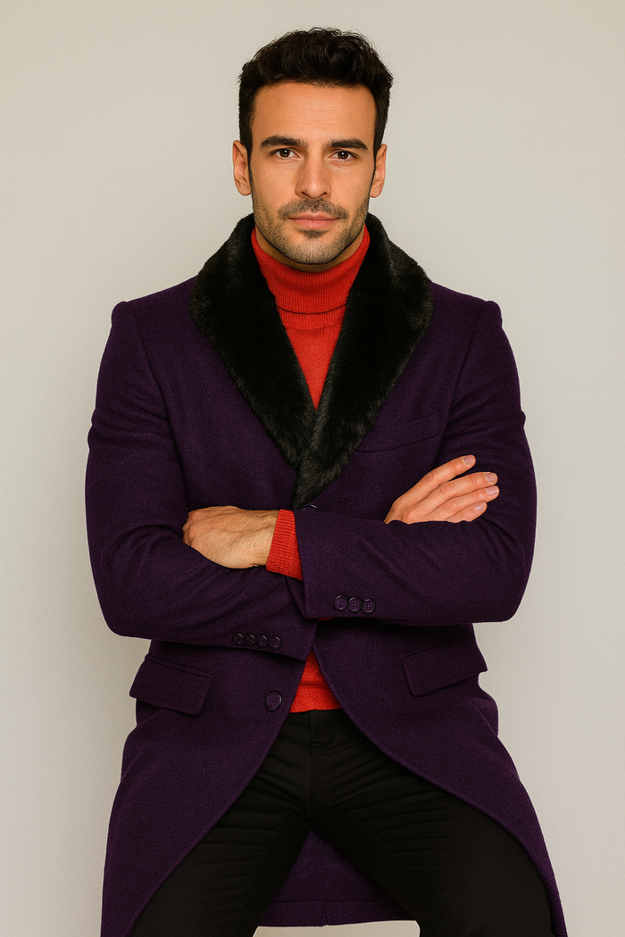 Men’s Dark Purple Full-Length Dress Coat with Removable Fur Collar