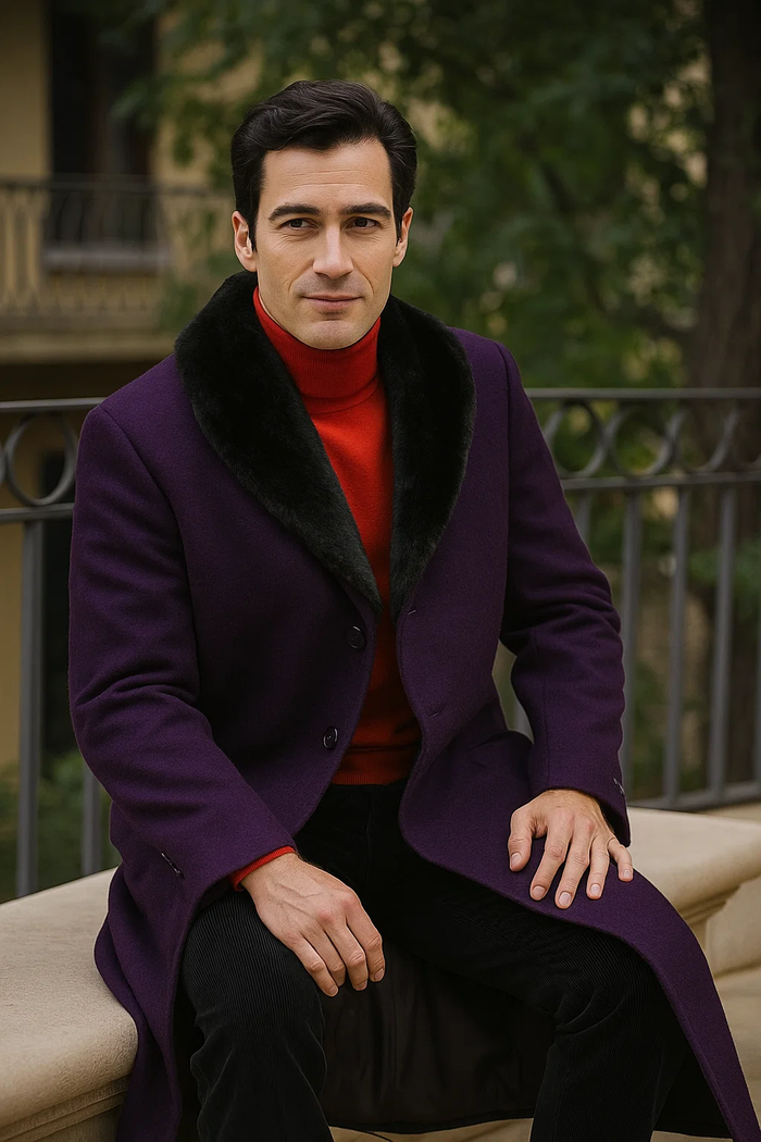 Men’s Dark Purple Full-Length Dress Coat with Removable Fur Collar