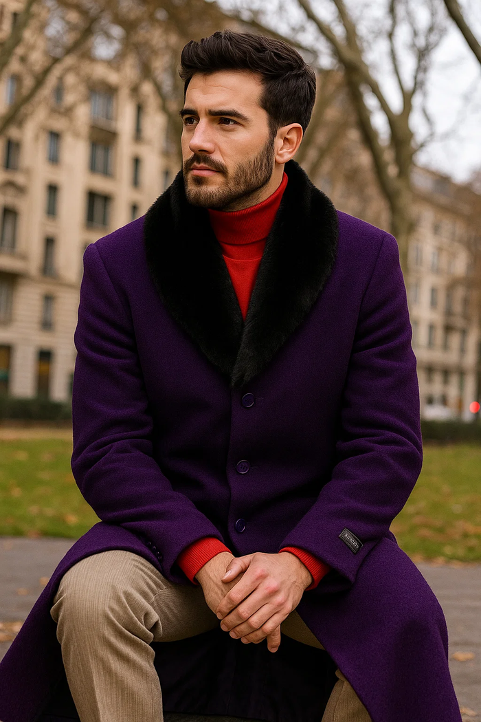 Men’s Dark Purple Full-Length Dress Coat with Removable Fur Collar