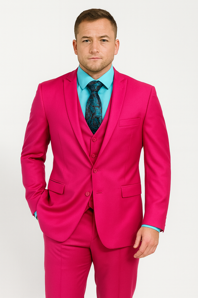 Men's Fuchsia Hot Pink Color 2 Buttons Suit Vested Slim Fit Suit