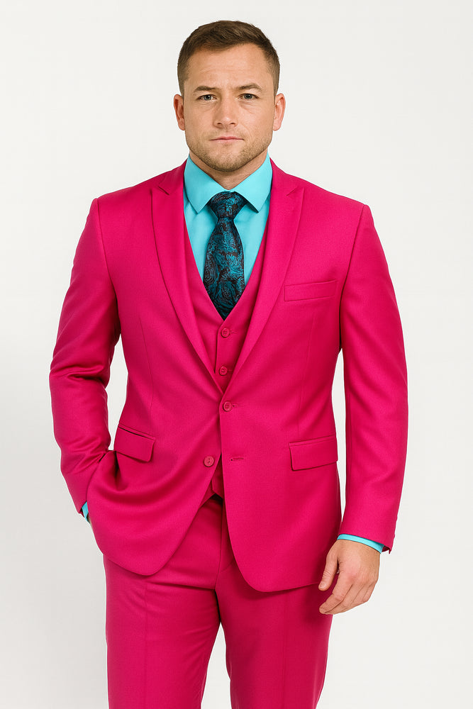 Men's Fuchsia Hot Pink Color 2 Buttons Suit Vested Slim Fit Suit