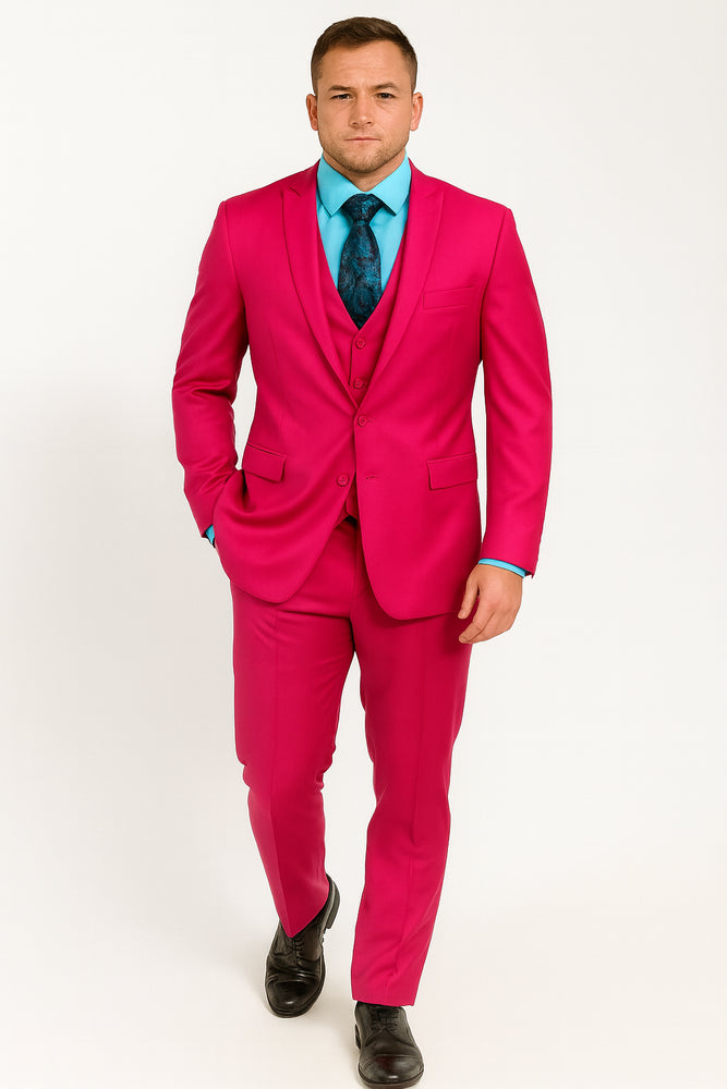 Men's Fuchsia Hot Pink Color 2 Buttons Suit Vested Slim Fit Suit