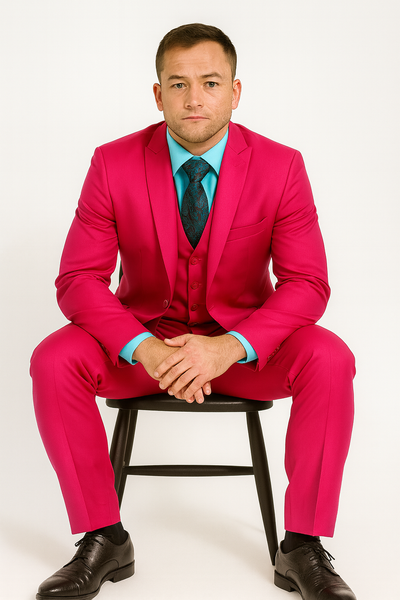 Men's Fuchsia Hot Pink Color 2 Buttons Suit Vested Slim Fit Suit