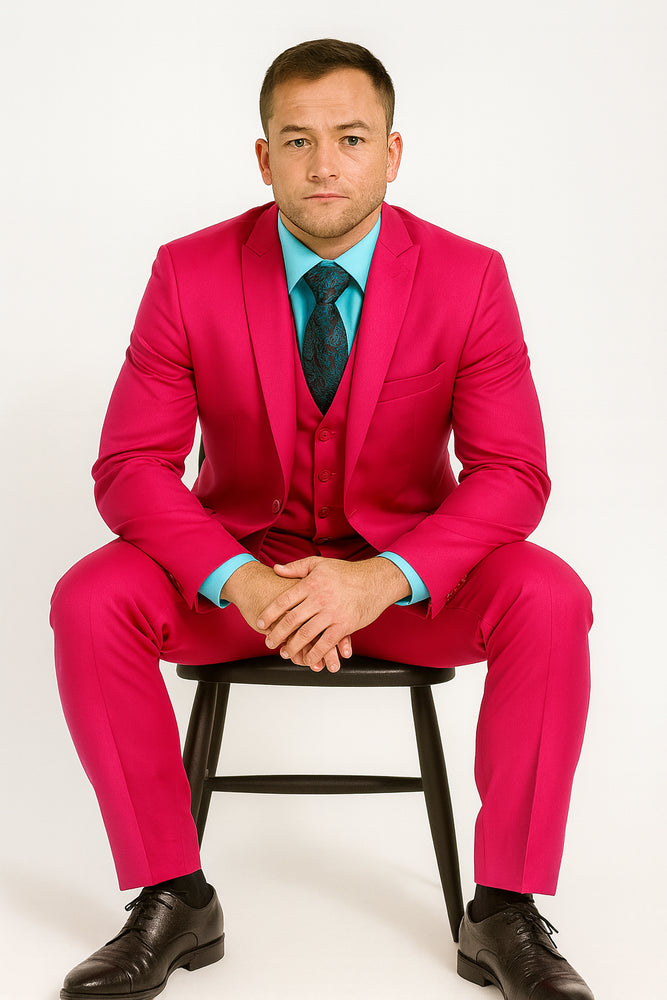 Men's Fuchsia Hot Pink Color 2 Buttons Suit Vested Slim Fit Suit