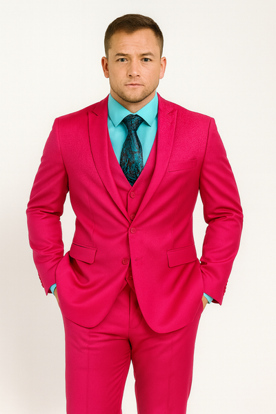 Men's Fuchsia Hot Pink Color 2 Buttons Suit Vested Slim Fit Suit