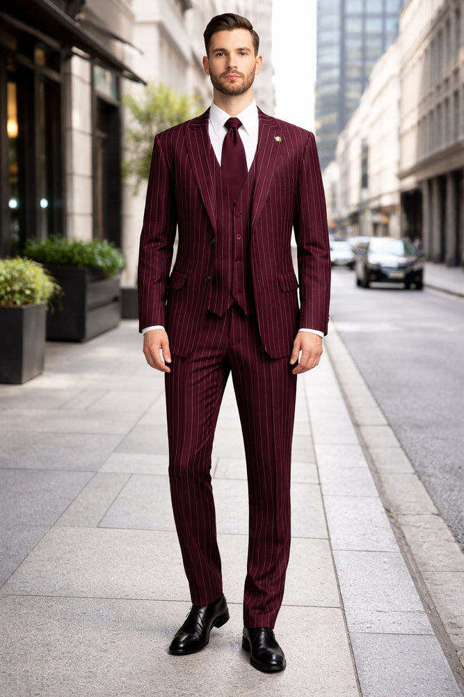 Men's Gangster Bold PinStripe Stripe Chalk Pinstripe Vested 3 Piece Fashion Suit 1920;s 30s Fashion in 10 Colors