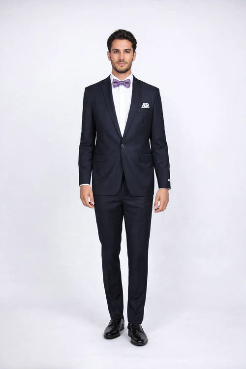 Men's Navy Blue Rossiman Rossi Slim Fit Peak Lapel Suit