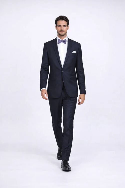 Men's Navy Blue Rossiman Rossi Slim Fit Peak Lapel Suit