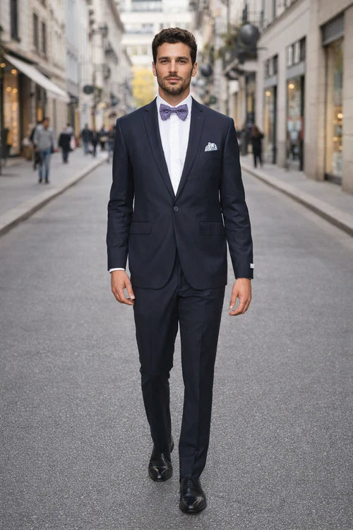 Men's Navy Blue Rossiman Rossi Slim Fit Peak Lapel Suit