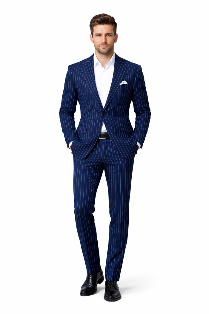 Men's Navy and Bold White Pinstripe Designer Fashion Blazer