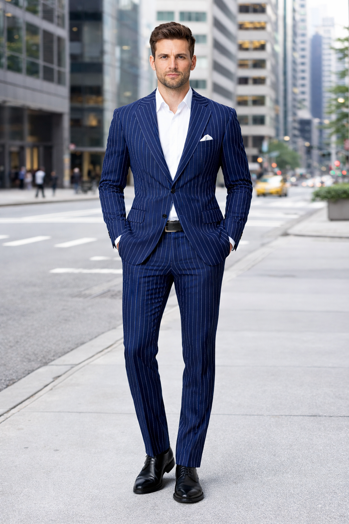 Men's Navy and Bold White Pinstripe Designer Fashion Blazer