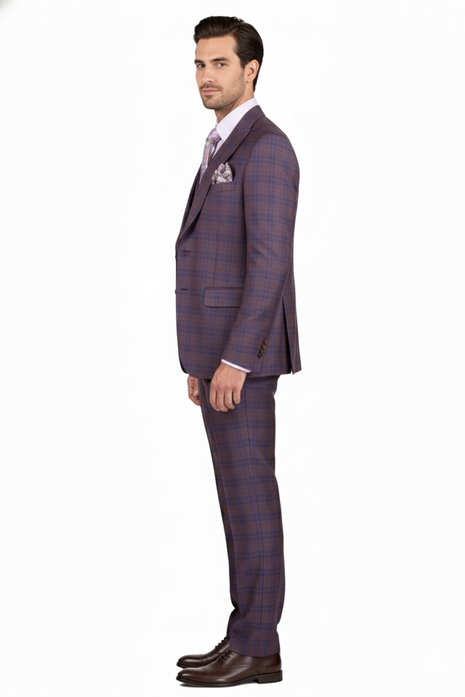 Purple Plaid Suit - Vested Suit - 3 Piece Suits - Peak Lapel Suits - Windowpane Suit - 2 Button