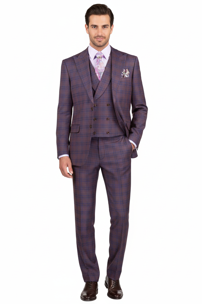 Purple Plaid Suit - Vested Suit - 3 Piece Suits - Peak Lapel Suits - Windowpane Suit - 2 Button