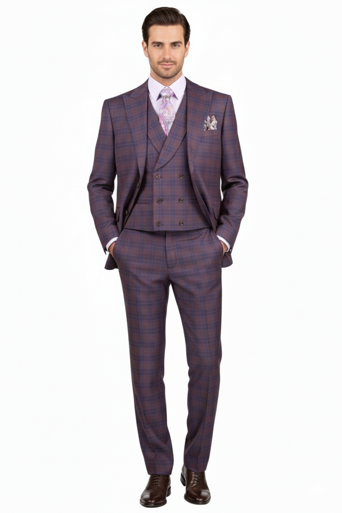 Purple Plaid Suit - Vested Suit - 3 Piece Suits - Peak Lapel Suits - Windowpane Suit - 2 Button