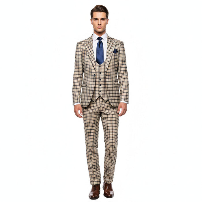 Rossiman Monarch Tan & Navy Grid 3-Piece Signature Suit