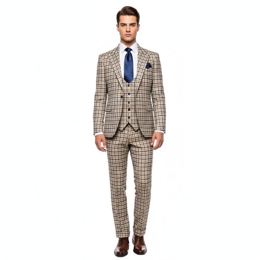 Rossiman Monarch Tan & Navy Grid 3-Piece Signature Suit