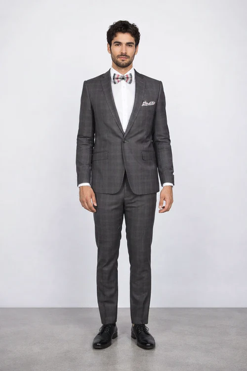 Men's Rossiman Rossi Man Brand Charcoal Plaid Tapered Leg Lower Rise Pants & Get Skinny 1 Button Slim Fit Peak Lapel Suit