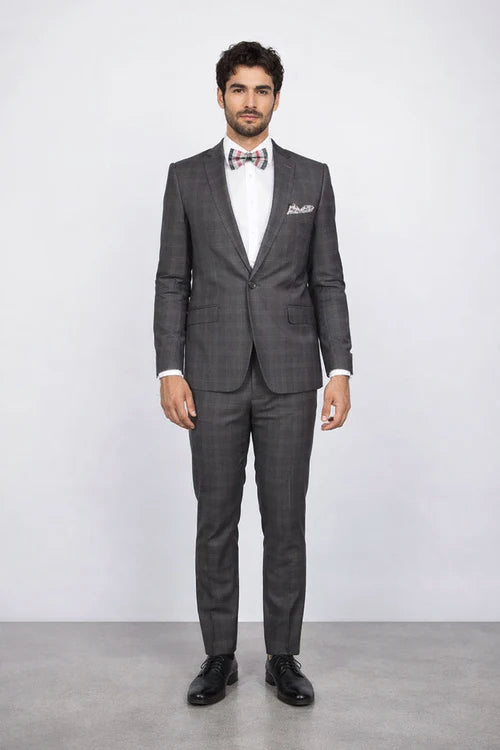 Men's Rossiman Rossi Man Brand Charcoal Plaid Tapered Leg Lower Rise Pants & Get Skinny 1 Button Slim Fit Peak Lapel Suit