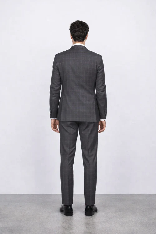 Men's Rossiman Rossi Man Brand Charcoal Plaid Tapered Leg Lower Rise Pants & Get Skinny 1 Button Slim Fit Peak Lapel Suit