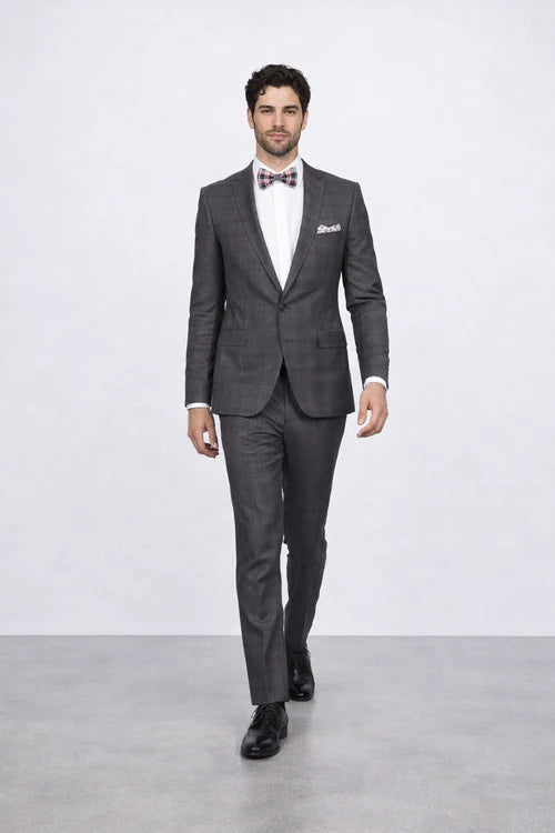 Men’s Slim Fit Charcoal Plaid Suit by Rossiman Rossi | 1-Button Jacket & Tapered Pants – Italian Tailored 3-Piece Luxury Suit