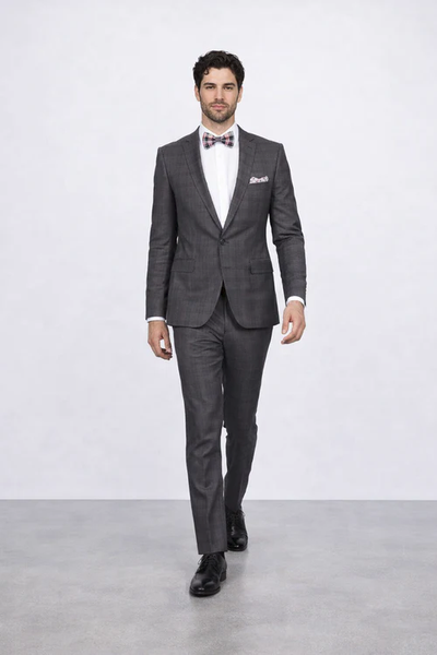 Men’s Slim Fit Charcoal Plaid Suit by Rossiman Rossi | 1-Button Jacket & Tapered Pants – Italian Tailored 3-Piece Luxury Suit