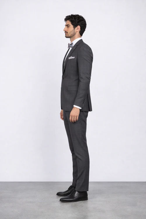 Men's Rossiman Rossi Man Brand Charcoal Plaid Tapered Leg Lower Rise Pants & Get Skinny 1 Button Slim Fit Peak Lapel Suit