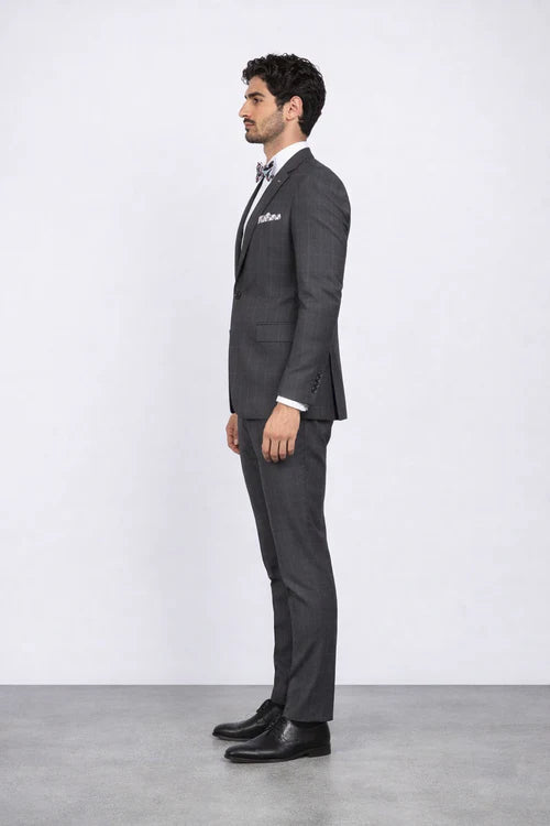 Men’s Slim Fit Charcoal Plaid Suit by Rossiman Rossi | 1-Button Jacket & Tapered Pants – Italian Tailored 3-Piece Luxury Suit