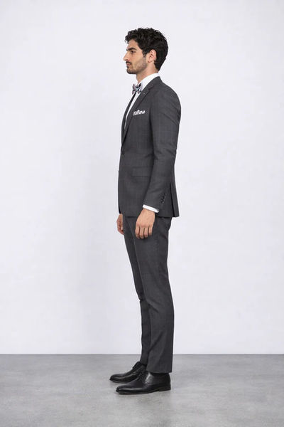 Men’s Slim Fit Charcoal Plaid Suit by Rossiman Rossi | 1-Button Jacket & Tapered Pants – Italian Tailored 3-Piece Luxury Suit