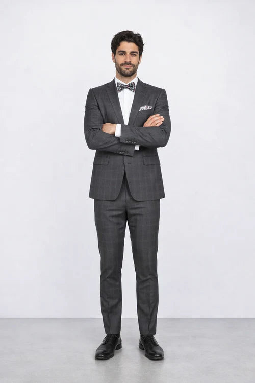 Men's Rossiman Rossi Man Brand Charcoal Plaid Tapered Leg Lower Rise Pants & Get Skinny 1 Button Slim Fit Peak Lapel Suit