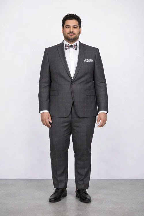 Men’s Slim Fit Charcoal Plaid Suit by Rossiman Rossi | 1-Button Jacket & Tapered Pants – Italian Tailored 3-Piece Luxury Suit