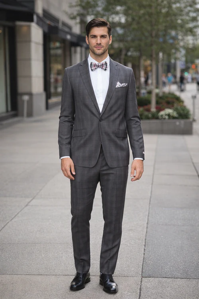Men's Rossiman Rossi Man Brand Charcoal Plaid Tapered Leg Lower Rise Pants & Get Skinny 1 Button Slim Fit Peak Lapel Suit