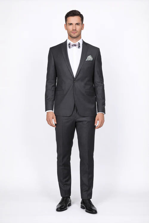 Men's Rossiman Rossi Man Brand Gray Tapered Leg Lower Rise Pants & Get Skinny 100% Wool 1 Button Slim Fit Peak Lapel Suit