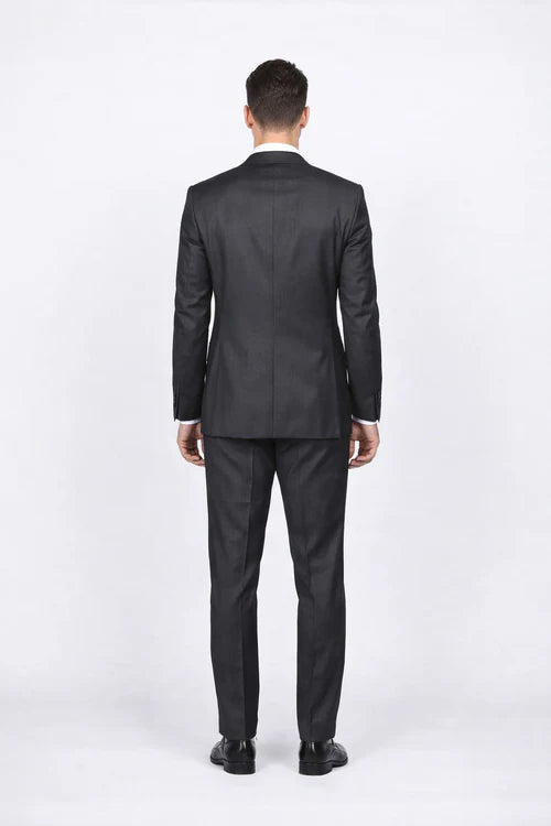 Rossiman Men’s Slim Fit Gray Wool Suit | 1-Button Peak Lapel Jacket & Tapered Low-Rise Pants – Italian Tailored 3-Piece Luxury Suit