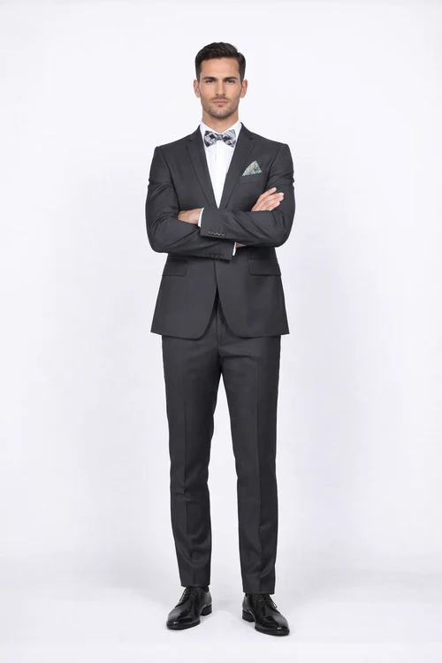 Rossiman Men’s Slim Fit Gray Wool Suit | 1-Button Peak Lapel Jacket & Tapered Low-Rise Pants – Italian Tailored 3-Piece Luxury Suit
