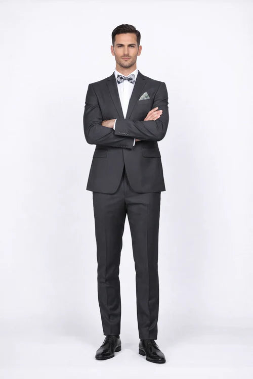 Rossiman Men’s Slim Fit Gray Wool Suit | 1-Button Peak Lapel Jacket & Tapered Low-Rise Pants – Italian Tailored 3-Piece Luxury Suit