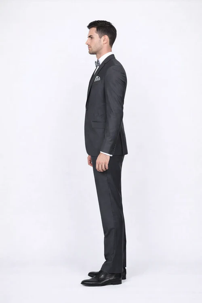 Men's Rossiman Rossi Man Brand Gray Tapered Leg Lower Rise Pants & Get Skinny 100% Wool 1 Button Slim Fit Peak Lapel Suit