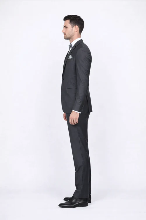 Rossiman Men’s Slim Fit Gray Wool Suit | 1-Button Peak Lapel Jacket & Tapered Low-Rise Pants – Italian Tailored 3-Piece Luxury Suit