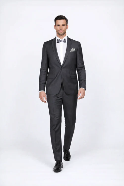 Men's Rossiman Rossi Man Brand Gray Tapered Leg Lower Rise Pants & Get Skinny 100% Wool 1 Button Slim Fit Peak Lapel Suit