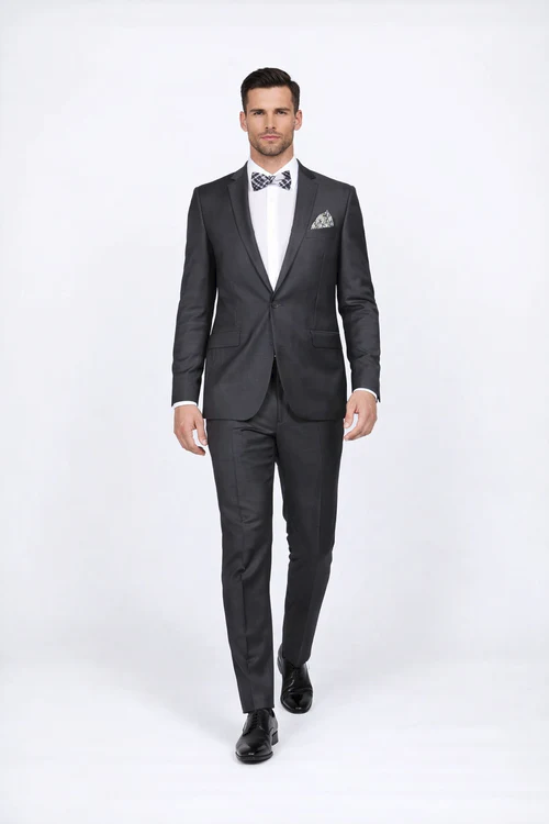 Rossiman Men’s Slim Fit Gray Wool Suit | 1-Button Peak Lapel Jacket & Tapered Low-Rise Pants – Italian Tailored 3-Piece Luxury Suit