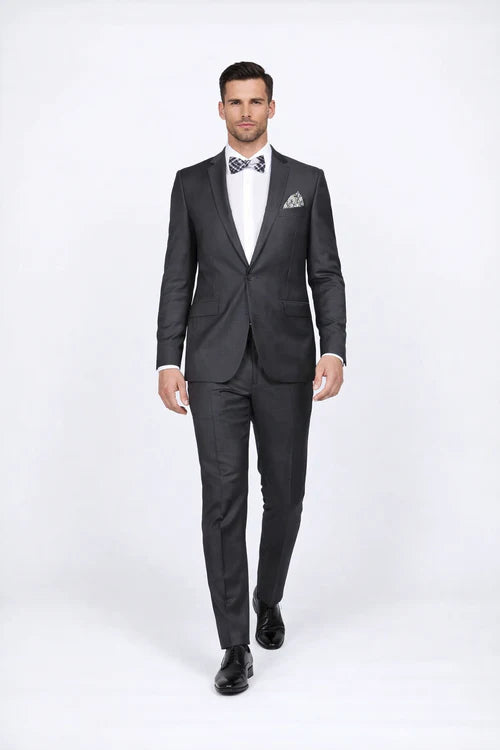 Rossiman Men’s Slim Fit Gray Wool Suit | 1-Button Peak Lapel Jacket & Tapered Low-Rise Pants – Italian Tailored 3-Piece Luxury Suit