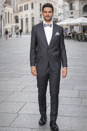 Men's Rossiman Rossi Man Brand Gray Tapered Leg Lower Rise Pants & Get Skinny 100% Wool 1 Button Slim Fit Peak Lapel Suit