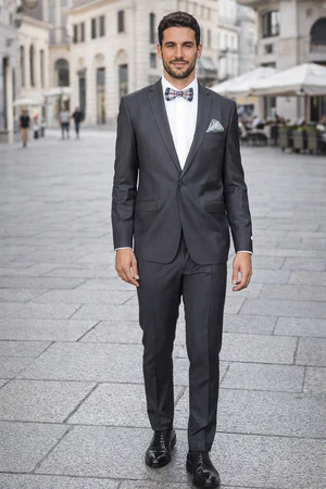 Rossiman Men’s Slim Fit Gray Wool Suit | 1-Button Peak Lapel Jacket & Tapered Low-Rise Pants – Italian Tailored 3-Piece Luxury Suit